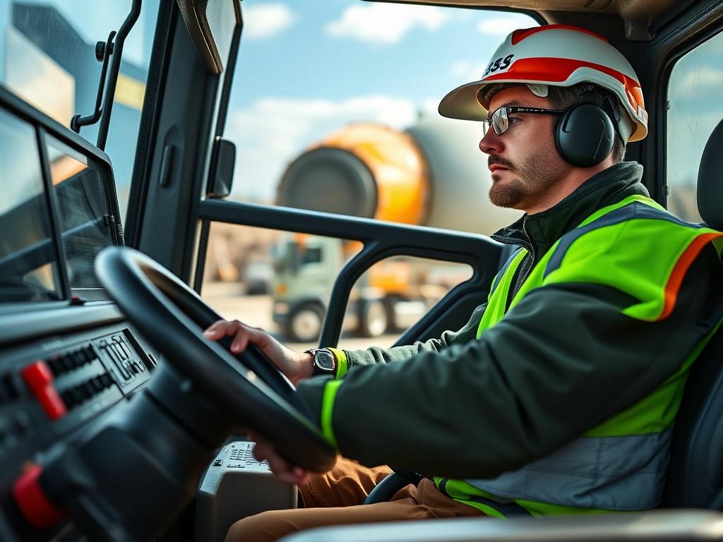 A close-up shot of a skilled operator inside a modern mixture truck, focused on the controls and dashboard. The operator is wearing safety gear, including a helmet and reflective vest. The background features a construction site with clear skies, showcasing the blend of machinery in action. The composition should highlight the operator's concentration and the intricate details of the truck's interior, captured with a 45mm f/1.2 lens to emphasize depth of field.