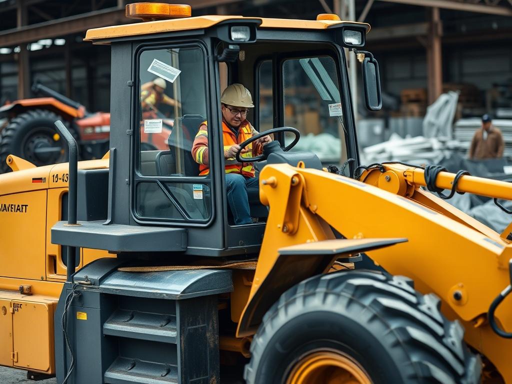 Create a hyper-realistic close-up shot of a wheel loader in action. The focus should be on the operator skillfully maneuvering the machine, showcasing the controls and the loading process. The background should be a construction site with machinery and materials, rendered in vivid detail. Use a 45mm f/1.2 lens effect to create a shallow depth of field, emphasizing the operator and the wheel loader while softly blurring the background.