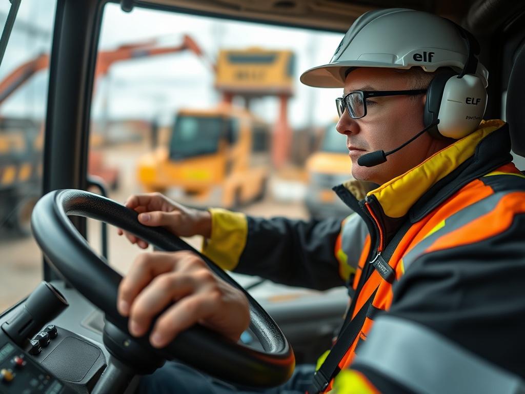 A realistic high-resolution close-up shot of a skilled operator confidently driving an ELF tipper truck. The focus is on the operator's hands on the steering wheel, with the interior of the truck visible, showcasing modern controls and safety features. The background is a blurred construction site, emphasizing the operational environment. The image should be rendered in a hyper-realistic style, compatible with the primary color rgb(50, 170, 39).