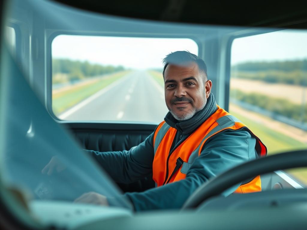 A close-up shot of a skilled trailer truck operator inside the cabin of a large trailer truck, focused on driving. The operator is wearing a safety vest and has a confident expression. The background shows a clear road ahead with a hint of greenery on the sides, highlighting a safe driving environment. The composition is simple and clear, emphasizing the operator's concentration and professionalism. The image should be rendered in hyper-realistic detail, compatible with rgb(50, 170, 39) primary color.