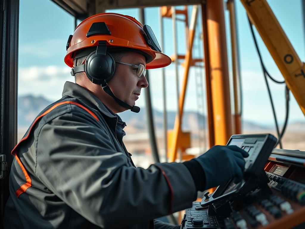 A realistic high-resolution photo of a drill rig operator in action, focused on the operator as they skillfully manage the controls of a large drilling rig. The background showcases a construction site with clear skies and distant mountains, emphasizing the rugged outdoor environment. The operator is wearing safety gear, including a helmet and gloves, and the image captures the intensity and concentration of their work. The composition is simple and clear, highlighting the operator as the sole subject, shot