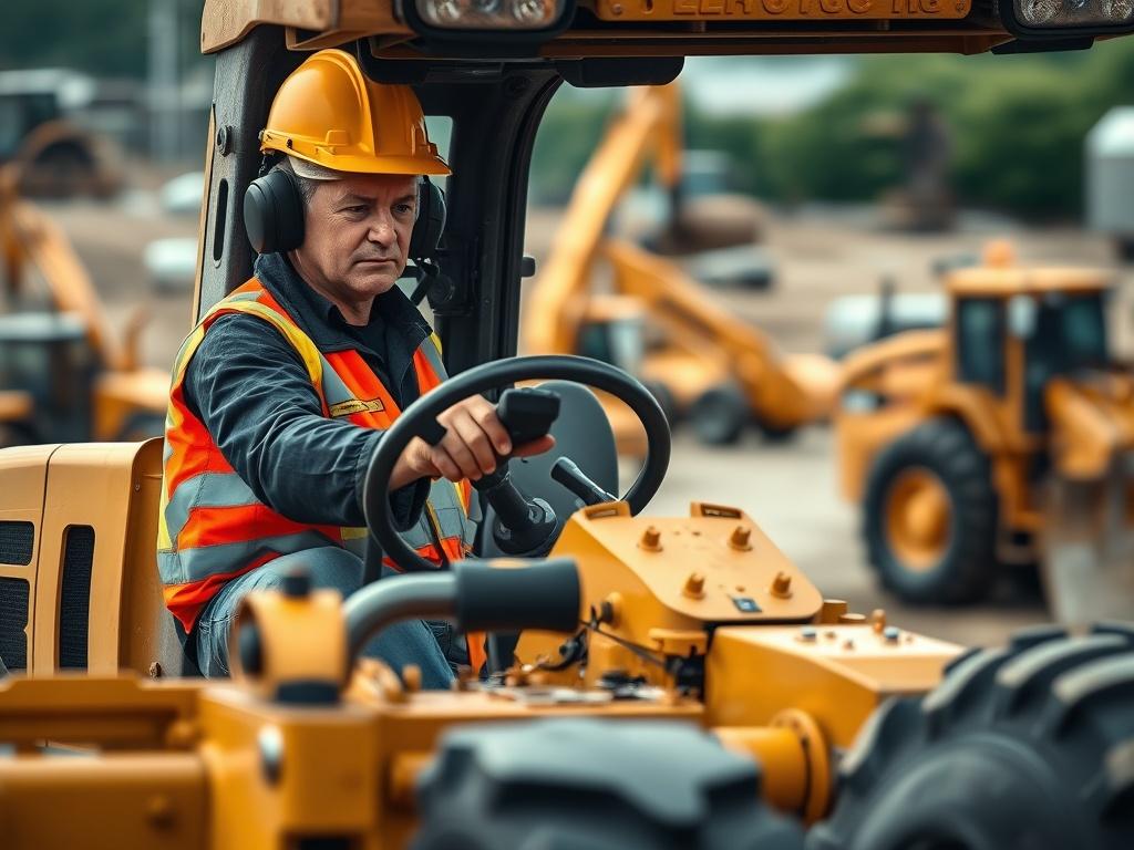 A hyper-realistic close-up shot of a skilled operator in a safety helmet operating a grader at a construction site. The grader is in focus, showcasing its detailed features, such as the blade and wheels. The background should have a blurred construction site with other machinery and earth moving activities, capturing the essence of a busy working environment. The image should evoke a sense of professionalism and skill, with a color scheme that highlights the rgb(50, 170, 39) primary color.