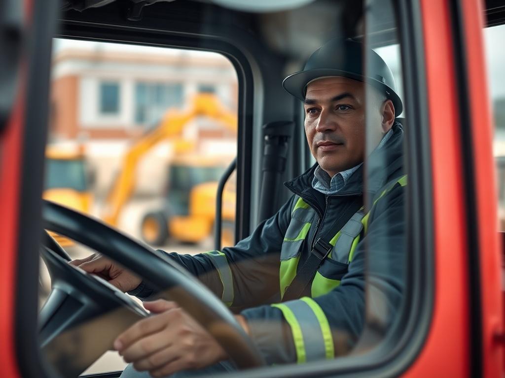 A realistic high-resolution close-up shot of a skilled operator confidently maneuvering a Sino truck on a construction site. The subject should be clearly visible, showcasing their focused expression and professional attire. The background should depict a busy construction environment with other machinery subtly in focus, enhancing the operational context. Use natural lighting to highlight the details of both the operator and the truck, ensuring the image aligns with the rgb(50, 170, 39) primary color for b