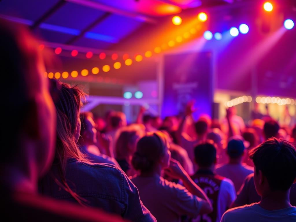 A close-up shot of a live music performance at a festival in Western Maryland, featuring a diverse crowd enjoying the show, with colorful lights illuminating the scene. The image should capture the energy and spirit of the festival, shot with a 45mm f/1.2 lens style.