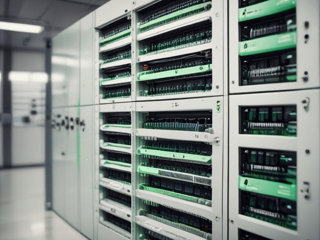 A detailed image of an organized structured cabling panel in