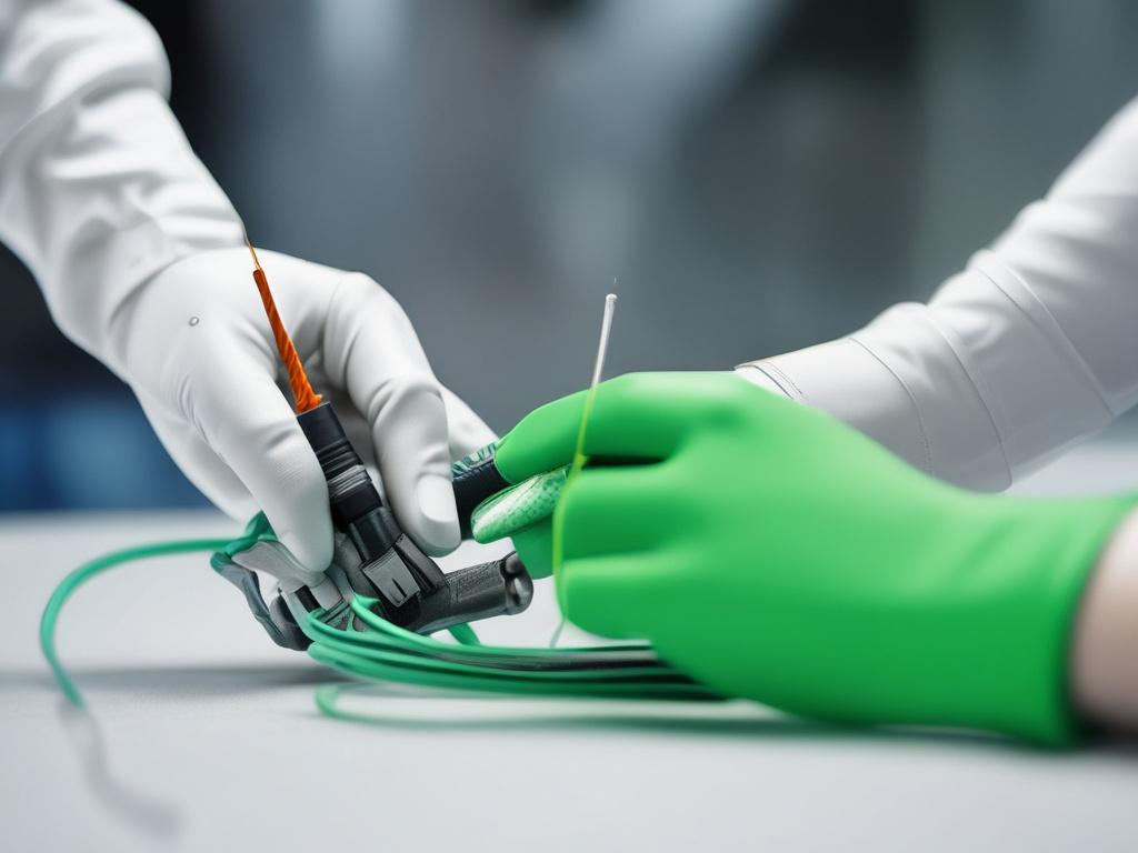 A single fiber optic cable connector being installed by a technician wearing gloves, minimalistic background with clean white and green tones, focus on the cable and hands, clear and simple composition