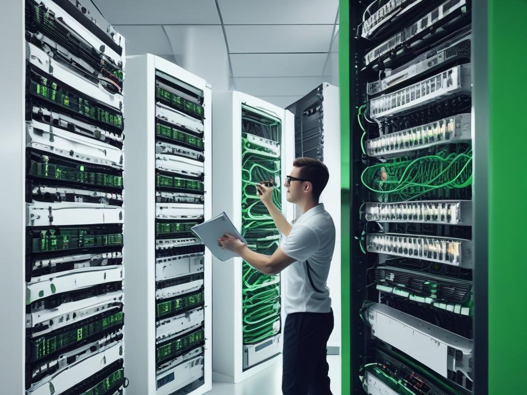 A professional technician configuring a network panel with organized structured cabling in a server room, clean lines and minimalistic style with white and green hues, focus on hands and cabling
