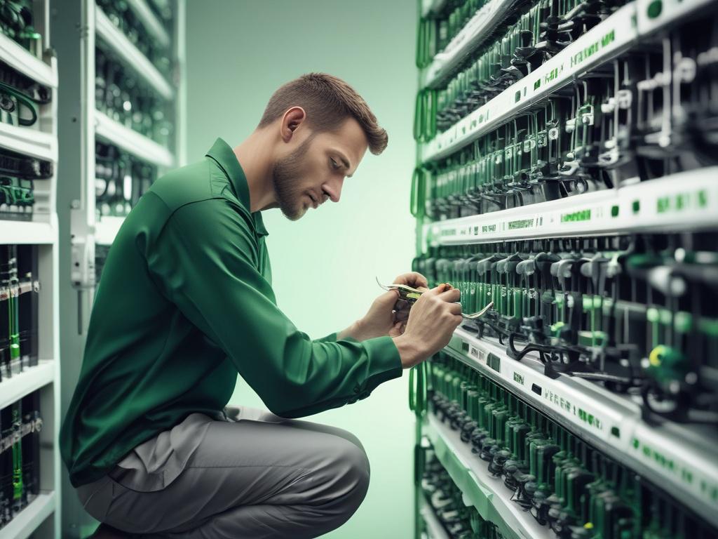 A certified technician performing advanced network maintenance with tools on a fiber optic cable rack, minimalistic white and green background, clear focus on technician and equipment