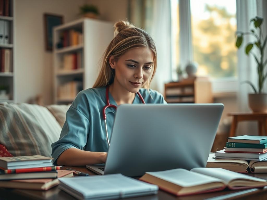 A close up shot of a caregiver studying on a