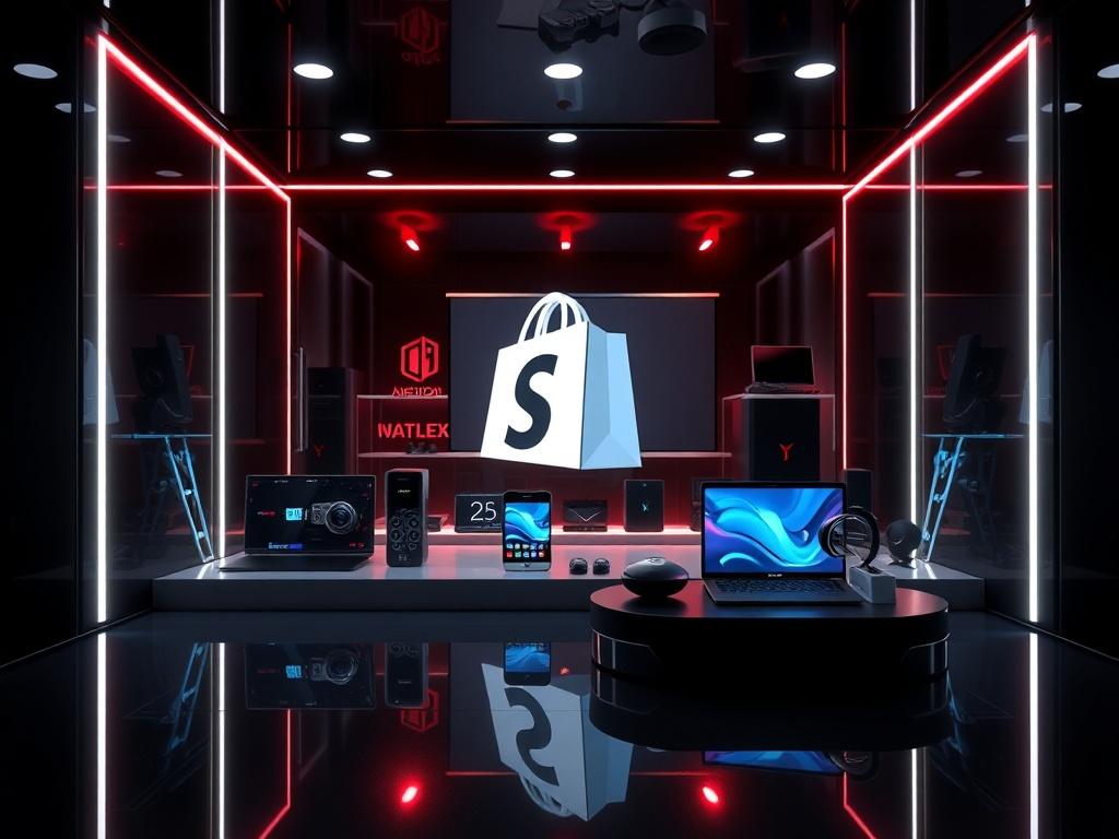 A hyper-glossy, mirror-like rendered image of a modern tech gadget Shopify store displaying high-tech gadgets against a dark and clean background, with luminous highlights emphasizing the products.