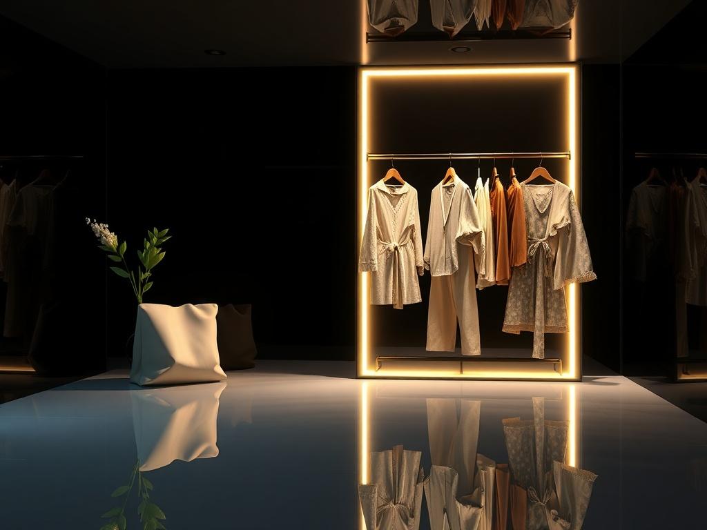 A hyper-glossy, mirror-like rendered image of a chic eco-friendly fashion Shopify store featuring sustainable clothing items against a dark and clean background, with luminous highlights enhancing the products.
