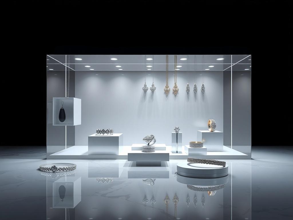 A hyper-glossy, mirror-like rendered image of a luxurious jewelry Shopify store showcasing elegant jewelry pieces against a dark and clean background, with luminous highlights emphasizing the products.
