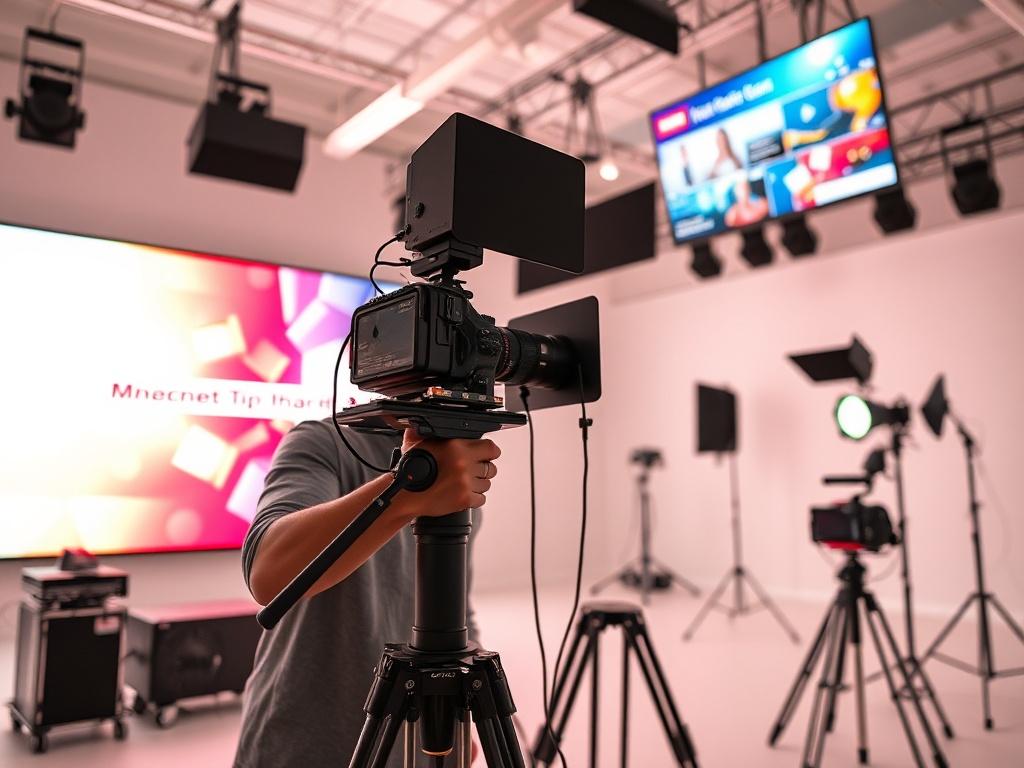 A clean and modern studio setting with a professional videographer