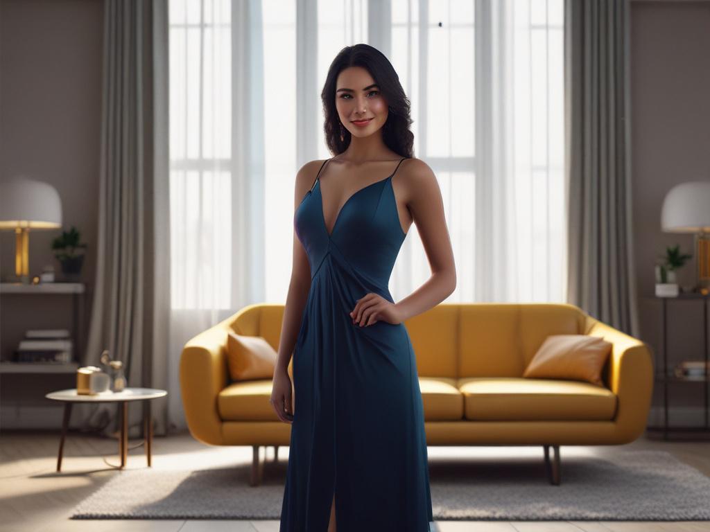 A stunning, elegant call girl standing confidently in a luxurious,