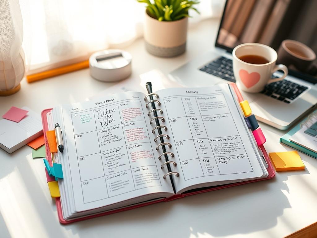 An open planner on a stylish desk, with colorful sticky notes, a cup of coffee, and a laptop in the background. The planner displays beautifully organized pages with inspiring quotes and a calendar layout, bathed in gentle morning light for an uplifting and productive ambiance.