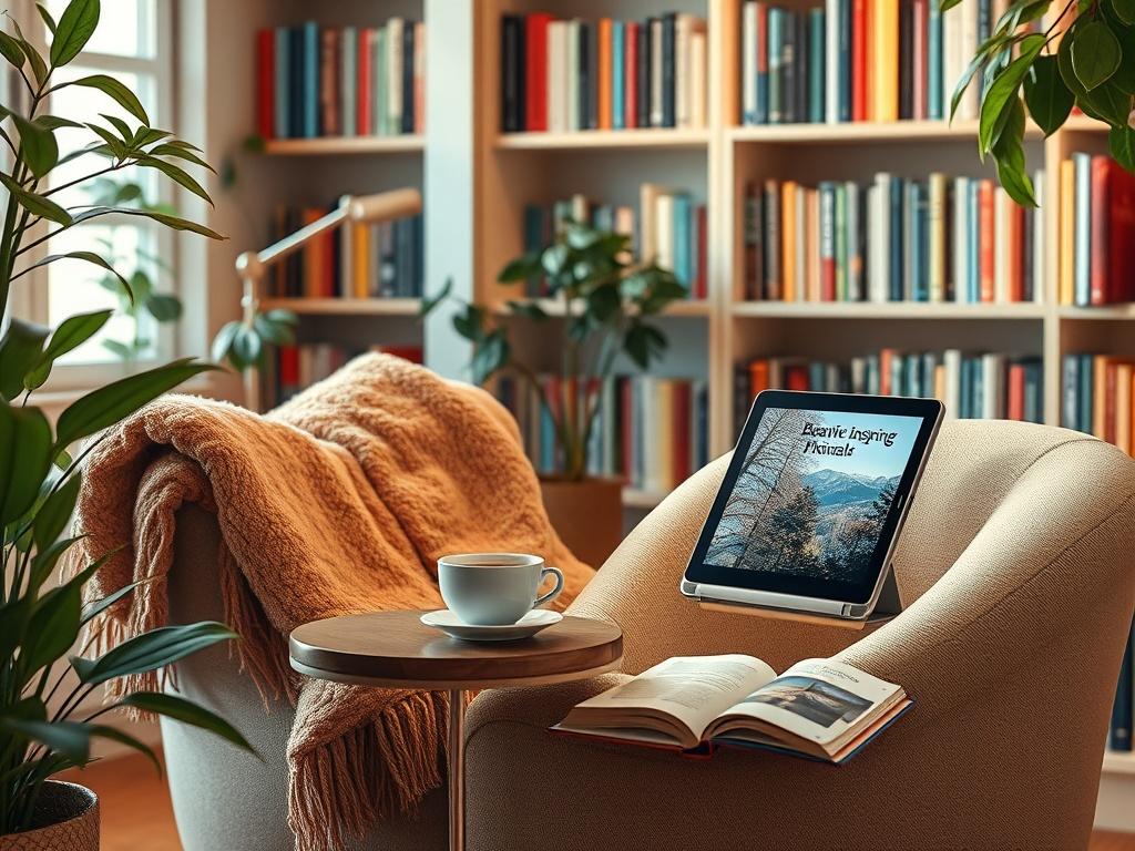 A cozy reading nook with a soft armchair and a plush throw blanket, a small side table holding a steaming cup of tea, and an open eBook on a tablet displaying beautiful, inspiring visuals. The setting should have warm lighting and a peaceful atmosphere, surrounded by greenery and bookshelves filled with colorful books.