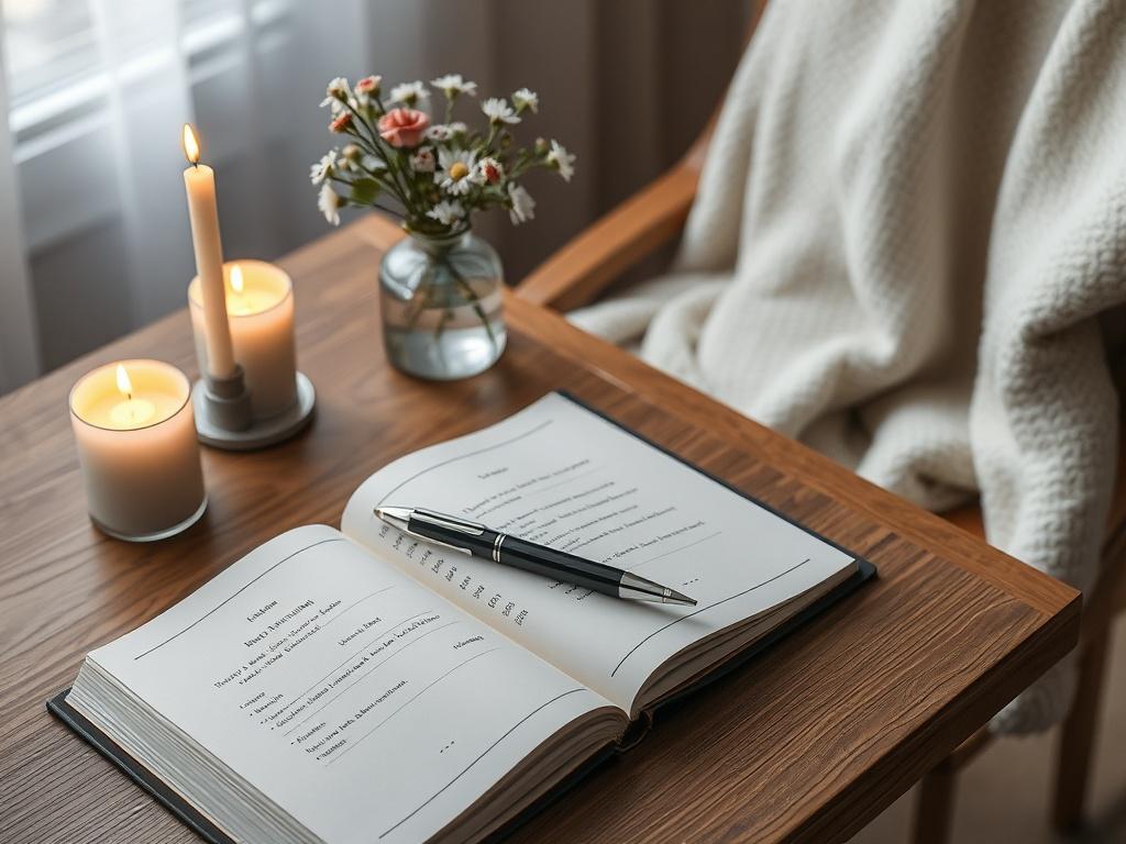 A sleek, open journal with an elegant pen resting on a wooden desk, surrounded by soft-lit candles and a small vase of fresh flowers. The journal pages are adorned with delicate illustrations, and there is a cozy blanket draped over a nearby chair, creating a serene and inviting atmosphere.