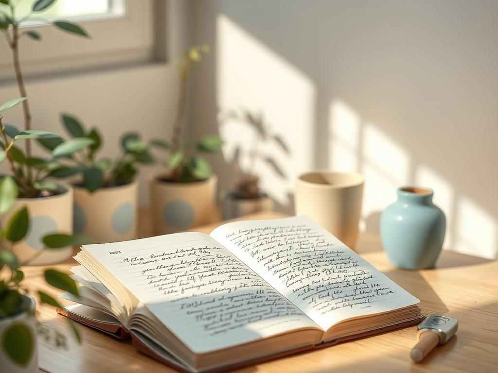 A serene workspace featuring a single elegant journal open to