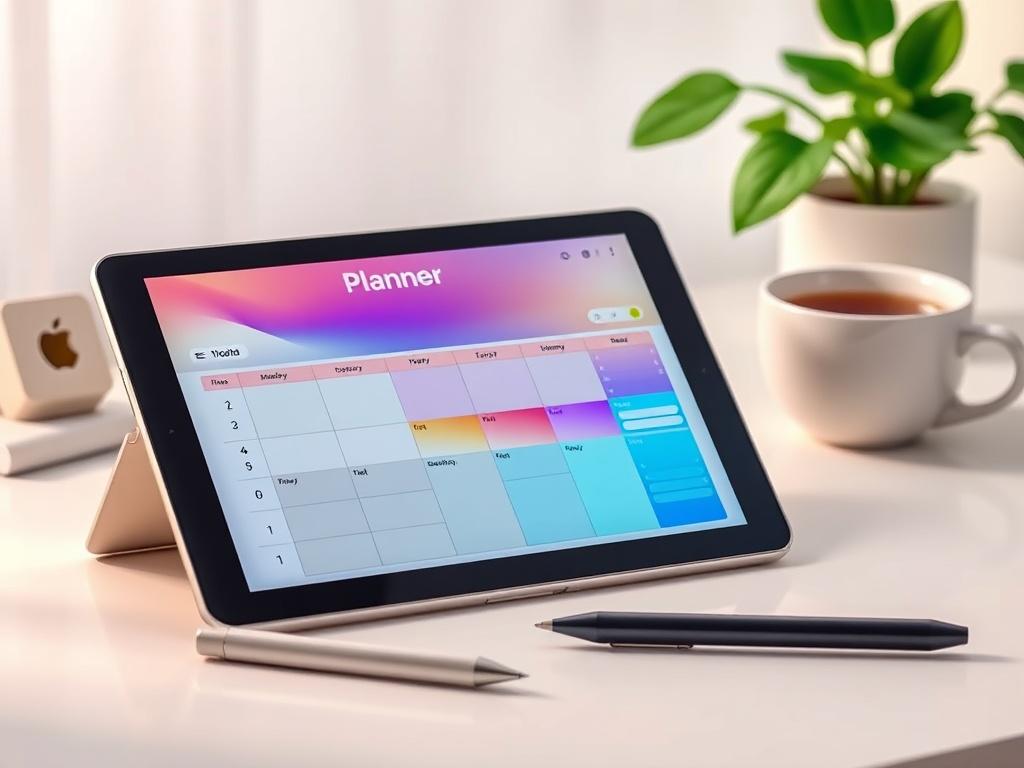 A vibrant digital planner displayed on a tablet, with a