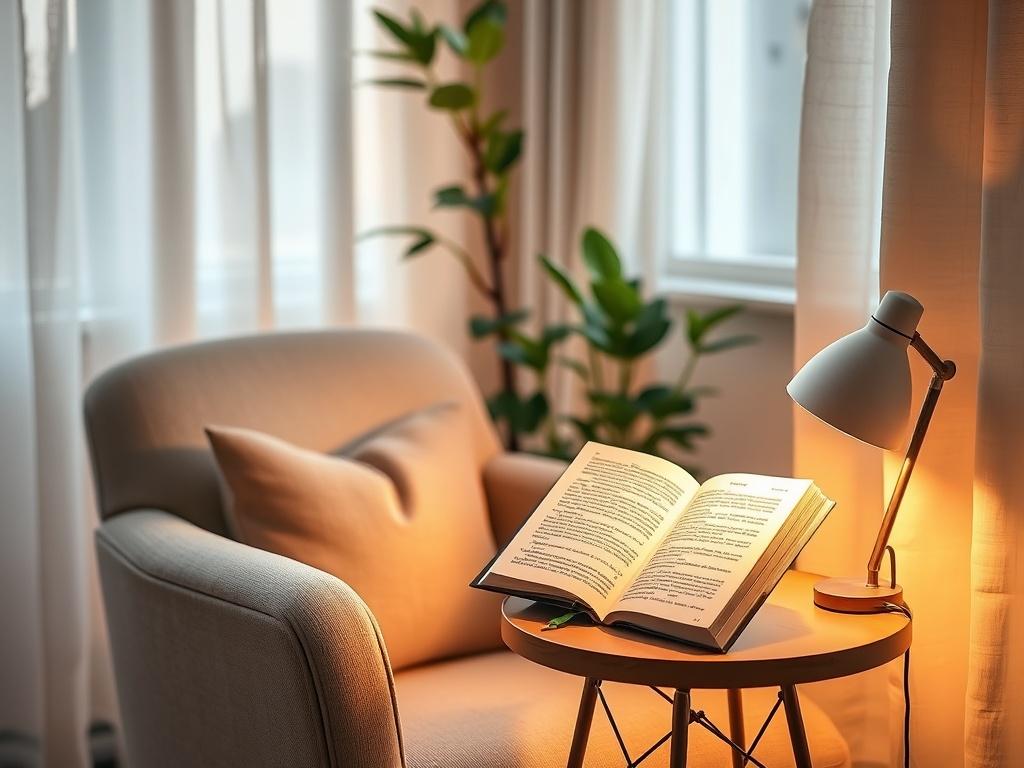 A cozy reading nook with a soft armchair and a