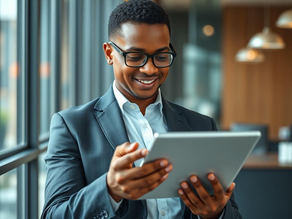 **Prompt for AI Image Generator:**

Create a realistic high-resolution photo that encapsulates the theme of "Maximizing Business Efficiency: Key Strategies." The image should feature a single subject: a confident business professional in business attire, thoughtfully analyzing data on a tablet. 

**Composition Details:**
- The focus should be on the professional, positioned in the center of the frame for clarity.
- Lighting: Use natural light to create a warm and inviting atmosphere, highlighting the subjec