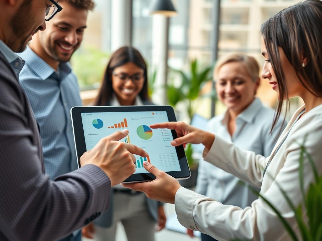 A hyper-realistic close-up shot of a diverse group of professionals collaborating over a digital tablet in a modern office setting. The focus is on their hands pointing at the tablet screen displaying operational charts and graphs. The background should be softly blurred, showcasing a bright, inviting workspace with plants and large windows letting in natural light. The image should evoke a sense of teamwork and operational efficiency, in line with a color palette of rgb(128, 194, 130).