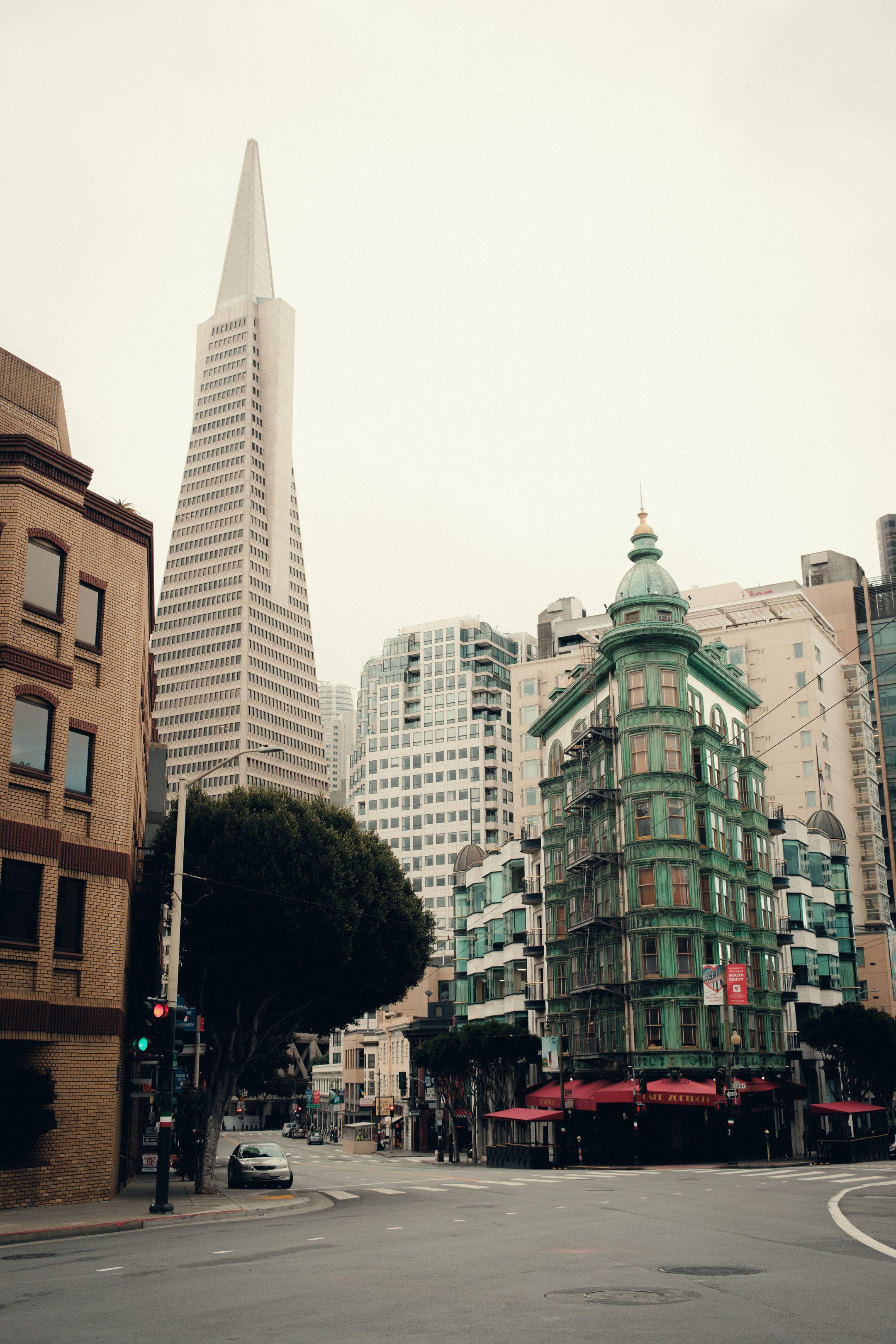 Vertical shot of the Transamerica Pyramid and Sentinel Building in San Francisco.