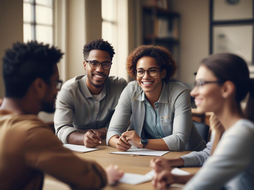 A close-up shot of a diverse group of individuals engaged in a collaborative discussion, showcasing effective communication and teamwork. The background is blurred to emphasize the participants and their expressions, capturing the essence of productive soft skills development.