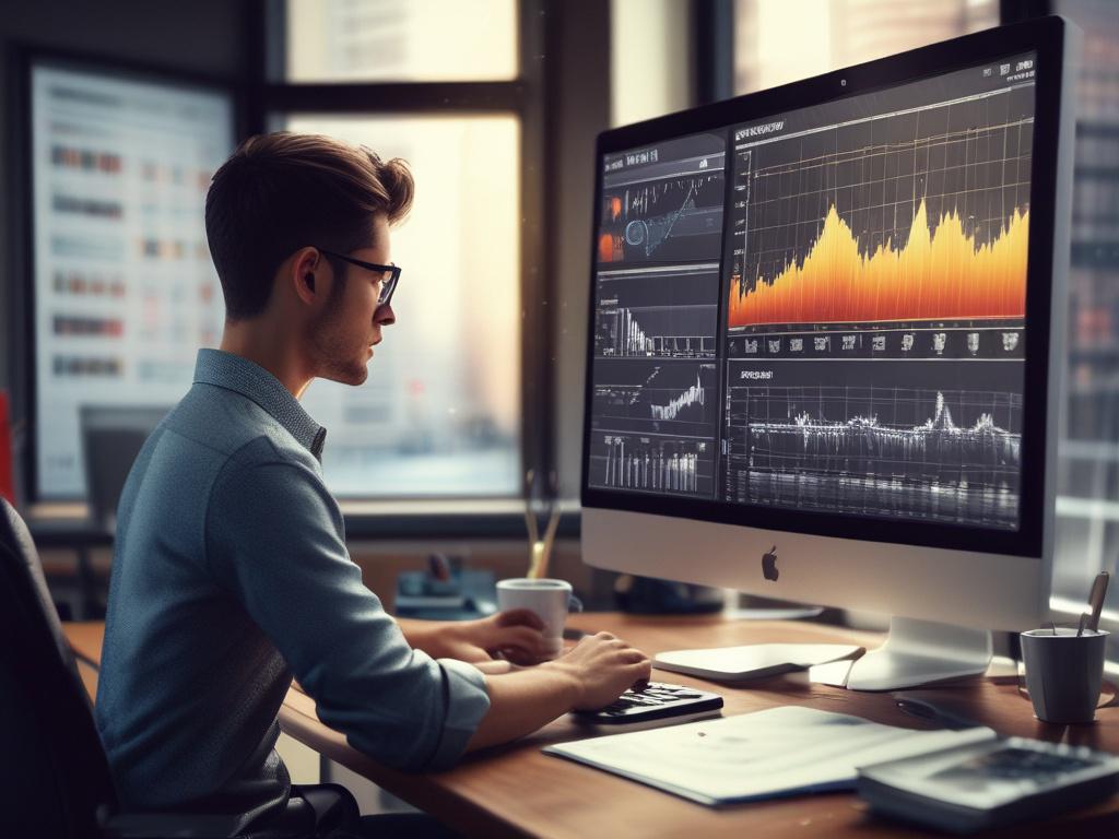 a close-up shot of a person analyzing data on a computer screen, warm lighting, focusing on the screen displaying charts and graphs, in a modern office environment, realistic, high-resolution, 45mm f/1.2 lens style