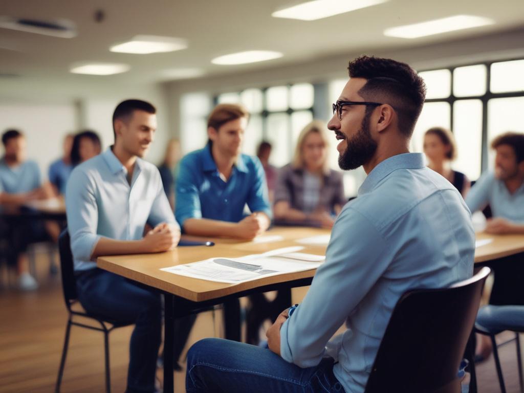 a close-up shot of a diverse group of adults engaging in a personal development workshop, warm lighting, with a focus on one person speaking passionately, in a modern classroom setting, realistic, high-resolution, 45mm f/1.2 lens style