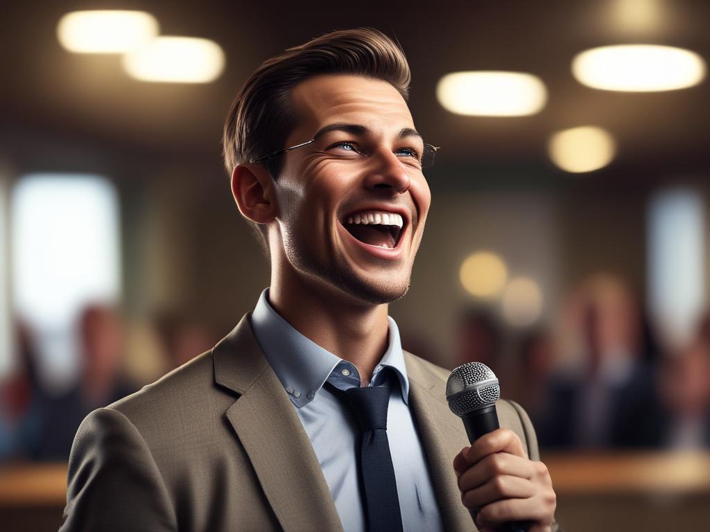 a close-up shot of a confident individual delivering a speech to an engaged audience, warm lighting, with focus on the speaker's expressive face, in a professional setting, realistic, high-resolution, 45mm f/1.2 lens style