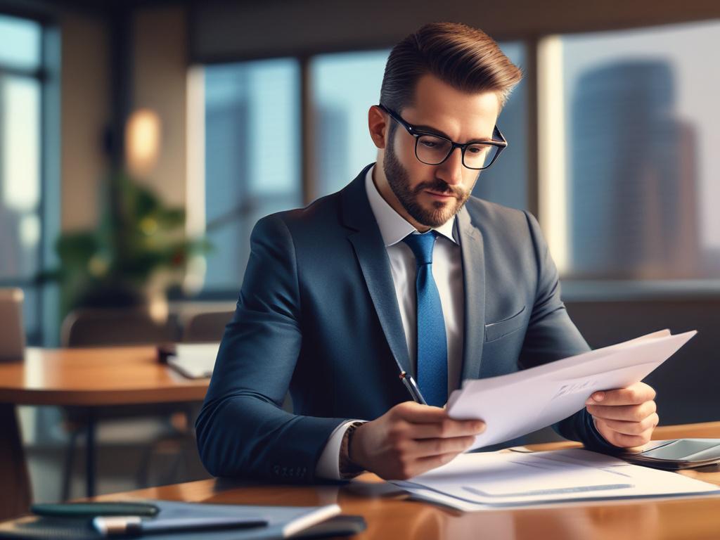 A focused close-up of a confident entrepreneur analyzing a business strategy document, set against a modern office backdrop, showcasing professionalism and ambition, hyper-realistic with vibrant colors.