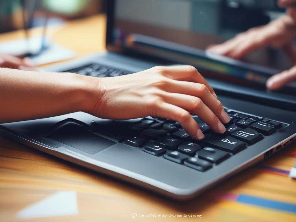 close-up of a person using a laptop with Microsoft Office tools open, focus on hands typing, office background, realistic high-resolution, vibrant colors, simple composition