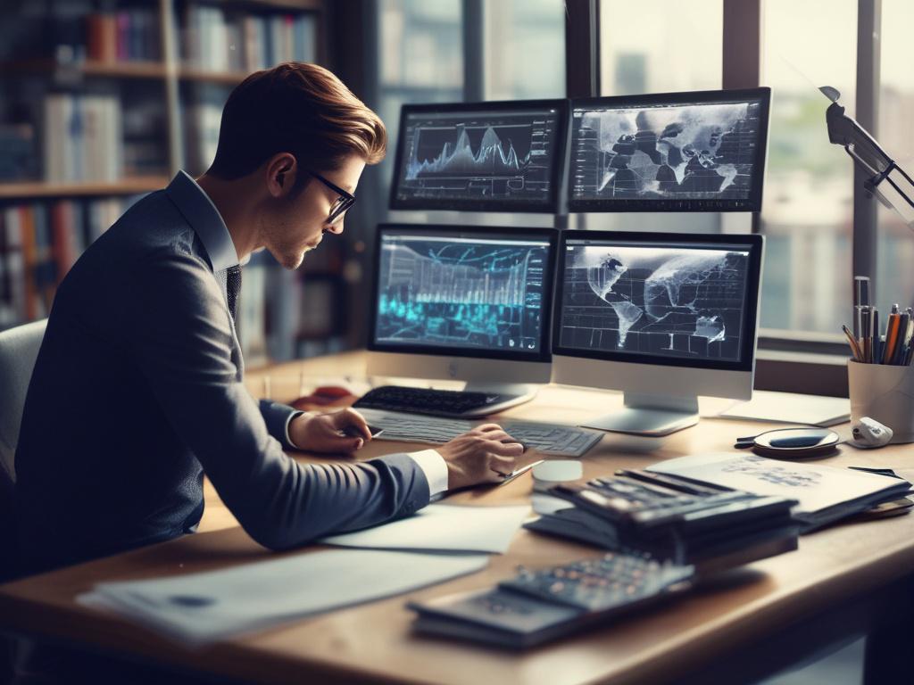close-up of a person working on a laptop, surrounded by digital tools and data visuals, modern office environment