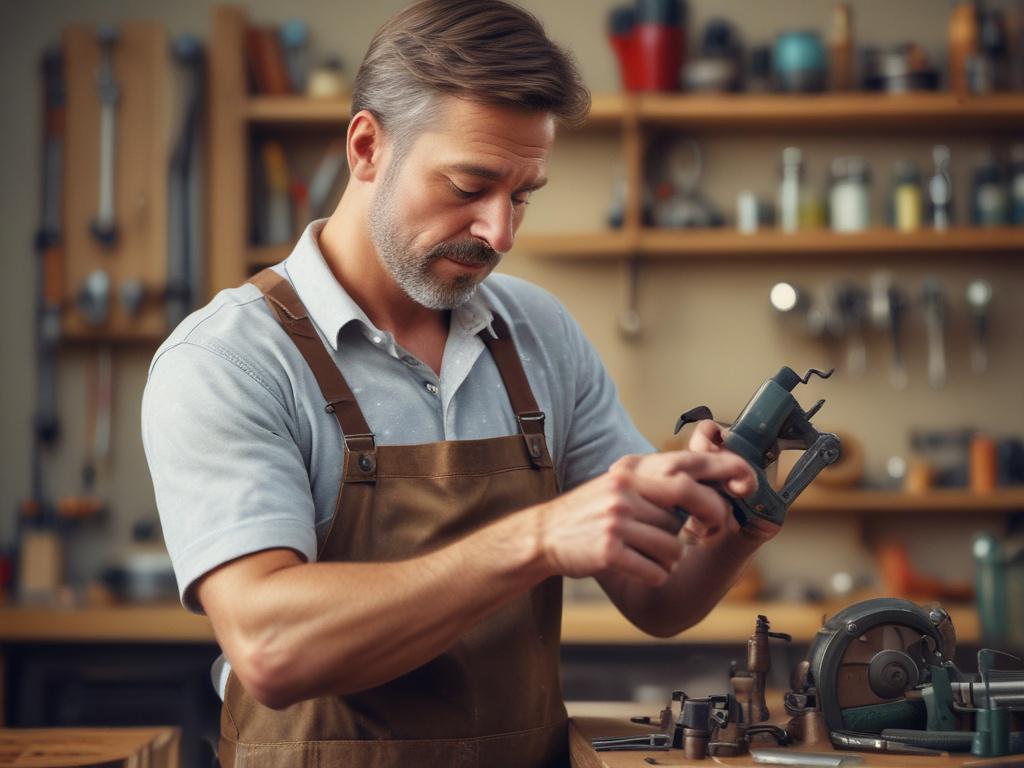 A calm and experienced handyman in a peaceful workshop, gently