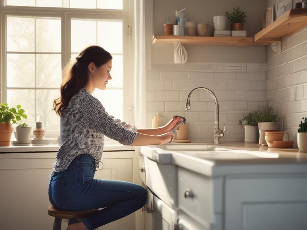 A person kneeling beside a sink, using a wrench to tighten a faucet. The background shows a cozy kitchen with soft colors and gentle lighting.