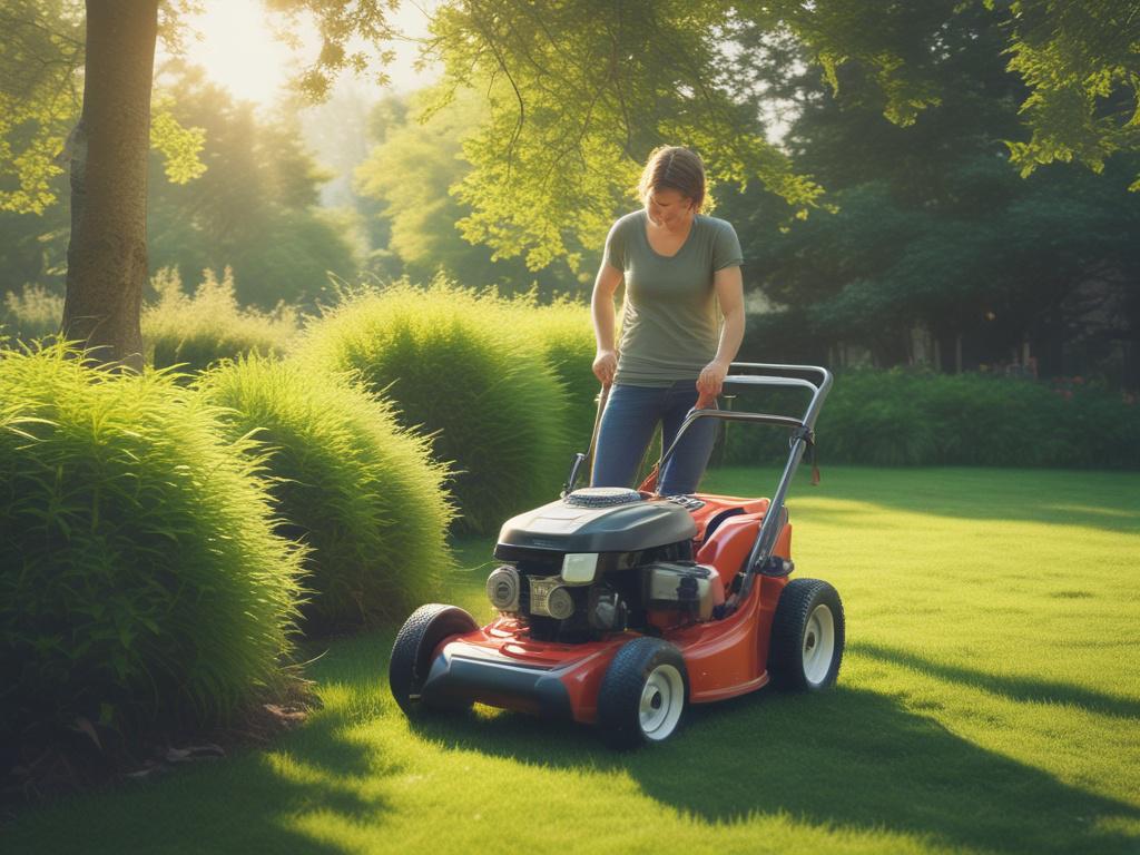 A person standing beside a lawn mower in a garden, inspecting the engine with a screwdriver. The setting features green grass and gentle sunlight.