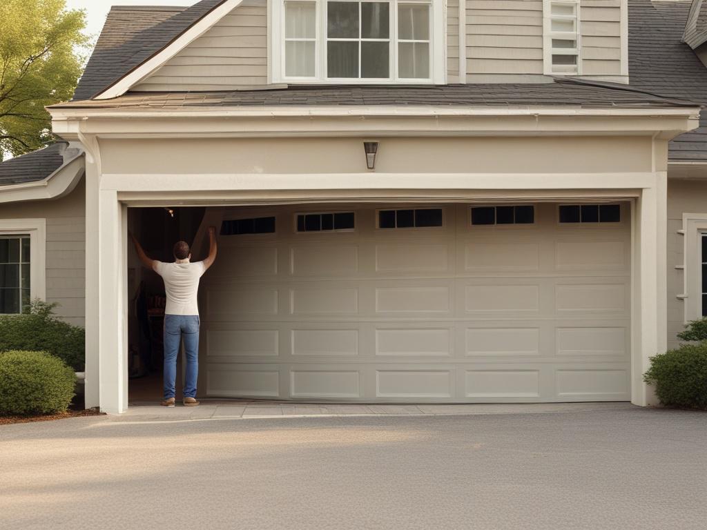 A person attempting to lift a jammed garage door with a concerned expression. The background shows a driveway and a garage.
