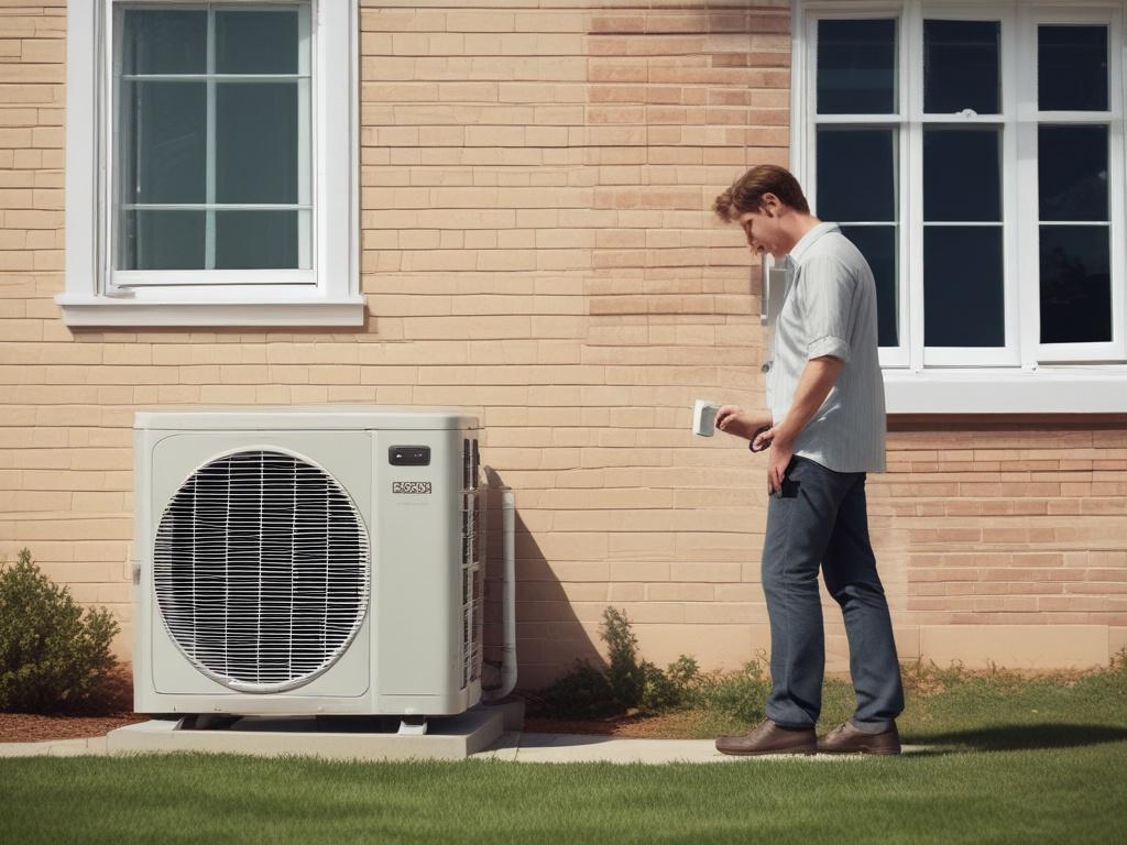 A person inspecting an air conditioning unit outside a house, looking concerned. The background shows a clear blue sky and a well-kept yard.