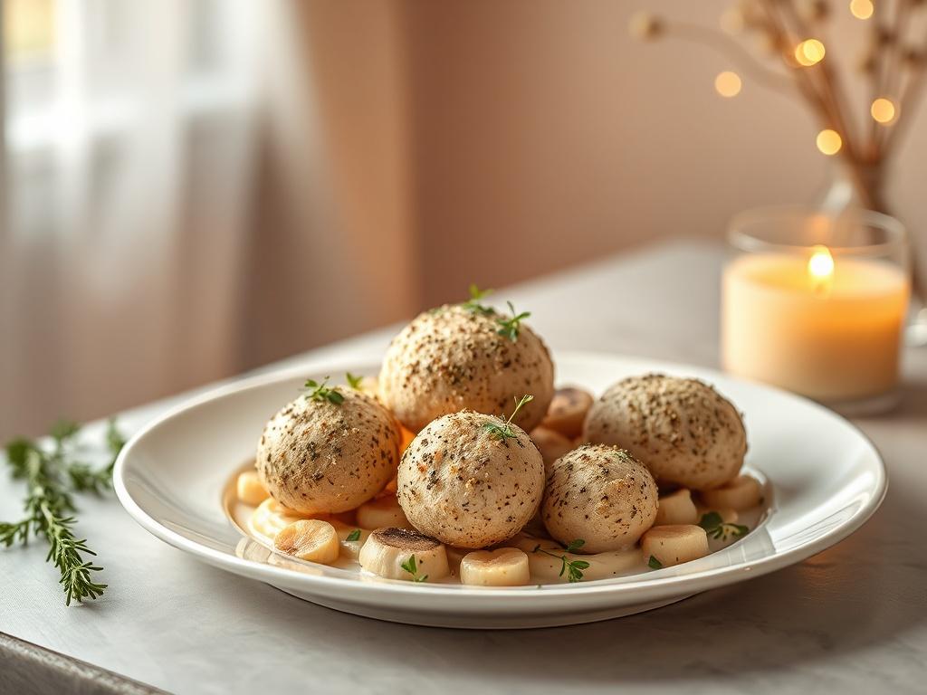 A beautifully plated dish featuring giant puffball mushrooms, garnished with vibrant herbs, set on an elegant white plate. The background should have a soft, cozy ambiance with golden hues and gentle lighting, creating a serene atmosphere. The focus should be on the dish, highlighting its gourmet presentation.