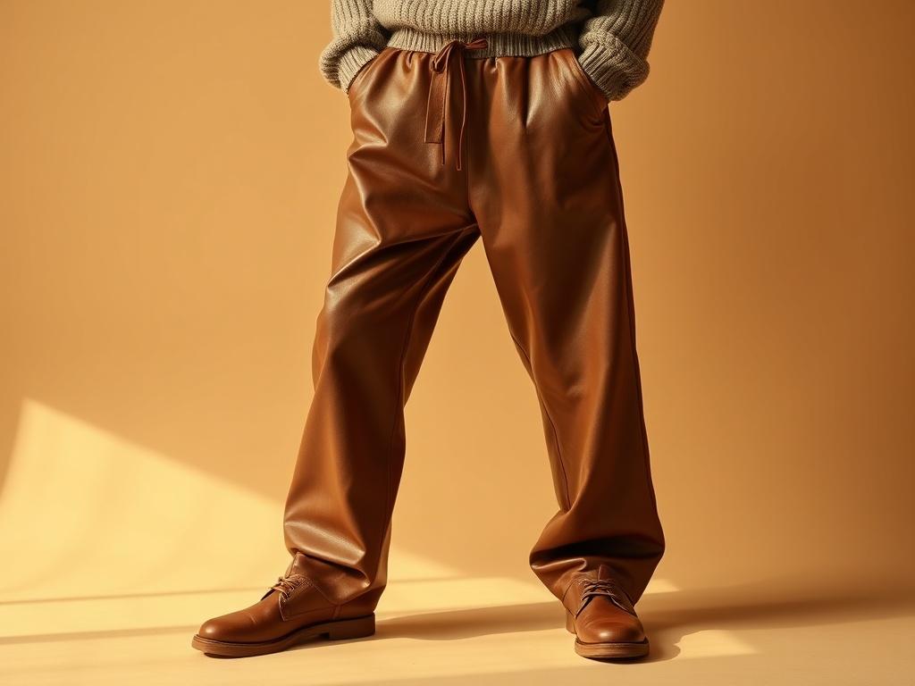 A pair of stylish baggy leather joggers made from giant puffball mushroom leather, displayed on a simple, neutral background. The joggers should be positioned upright, showcasing their relaxed fit and unique texture. Soft golden lighting enhances the organic feel of the mushroom leather, creating a warm and inviting atmosphere. No text or abstract shapes, focus only on the joggers as the single subject.