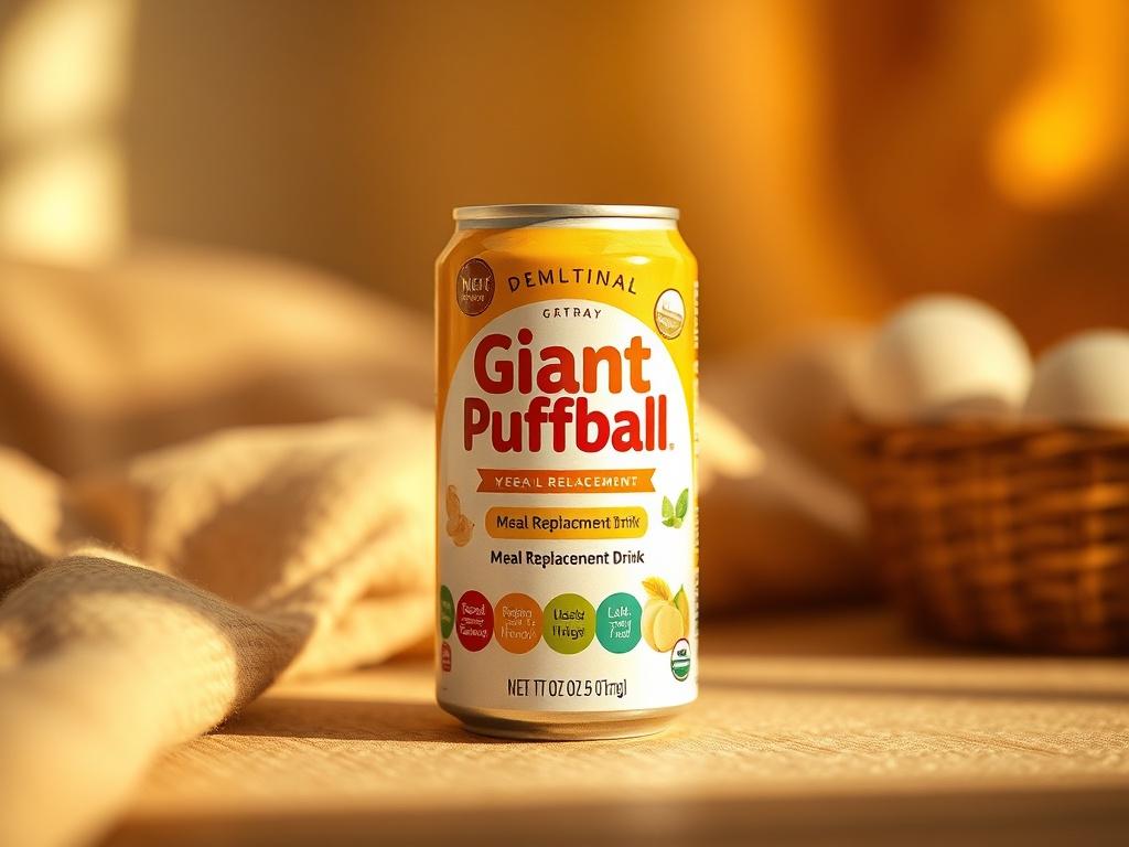 A realistic high-resolution photo of a single can of Giant Puffball Meal Replacement Drink, showcasing a vibrant label with various flavors listed, set against a cozy background with golden hues and soft lighting. The can should be the focal point, with a serene atmosphere that evokes warmth and comfort.