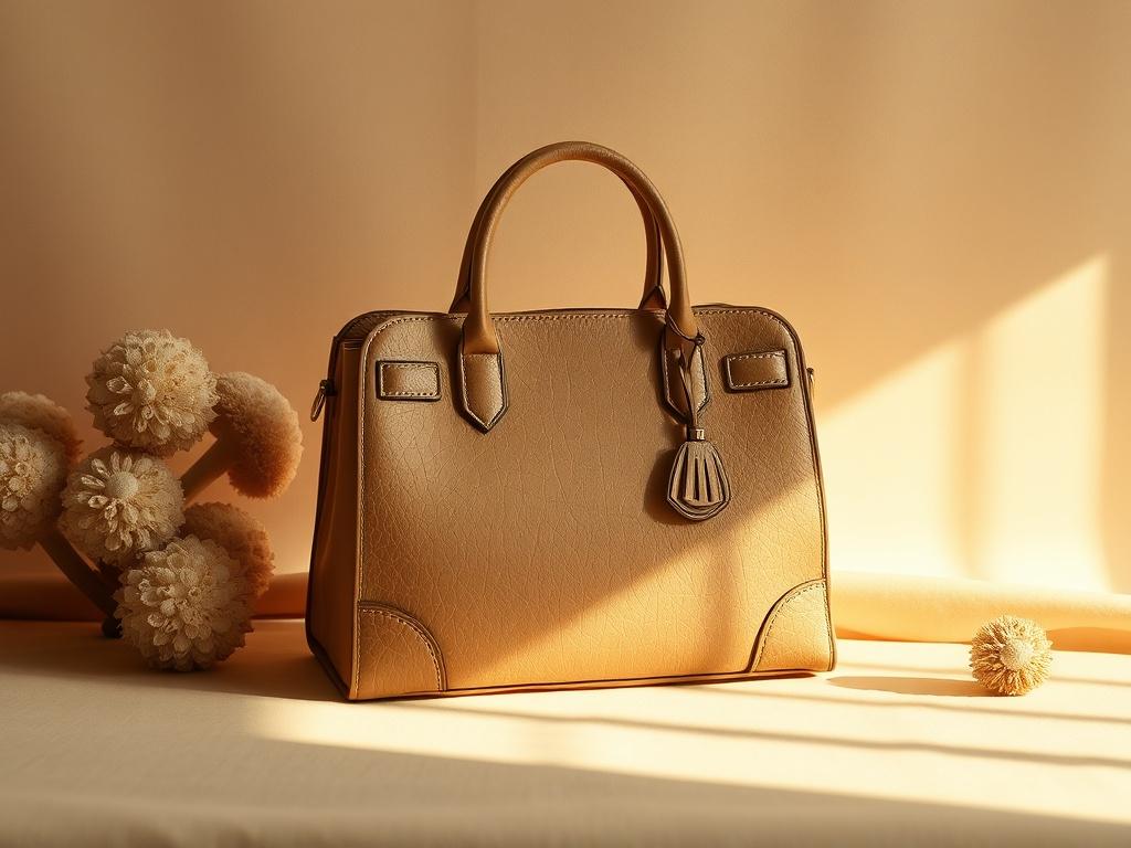 A realistic high-resolution image of a luxurious Italian designer purse made from giant puffball mushroom leather. The purse should be displayed on a simple, elegant background with soft lighting, creating a cozy atmosphere. The purse should be the only subject in the image, showcasing its stylish design and premium materials. The color palette should include warm, golden hues to enhance the luxurious feel of the product.