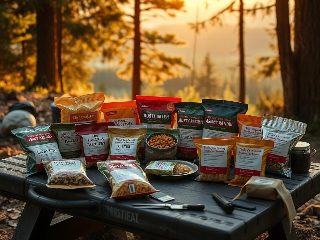 An assortment of instant army rations displayed on a rugged camping table, featuring various flavors and packaging. The setting should be outdoors, surrounded by nature, with a warm, golden hue from the sunlight filtering through trees. The rations should appear inviting and ready for consumption, with a backdrop of a serene landscape.
