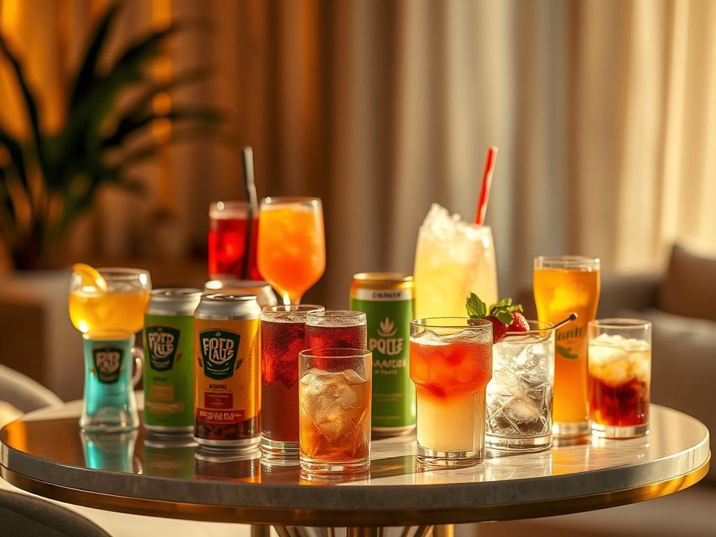 A visually appealing display of chilled and heated drinks arranged on a stylish table. Include a variety of vibrant colors and packaging, showcasing the different flavors available. Soft, golden lighting creates a warm and inviting atmosphere, perfect for a cozy gathering. The background should suggest a relaxed setting, enhancing the overall mood.
