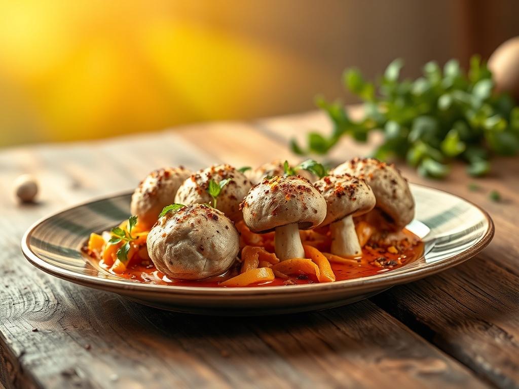 A beautifully plated gourmet meal featuring giant puffball mushrooms, elegantly garnished, set on a rustic wooden table. The dish should be vibrant, showcasing rich colors and textures. Soft, golden lighting enhances the scene, creating a cozy and inviting atmosphere. The background should be blurred to focus on the meal, with hints of greenery or herbs to suggest freshness.