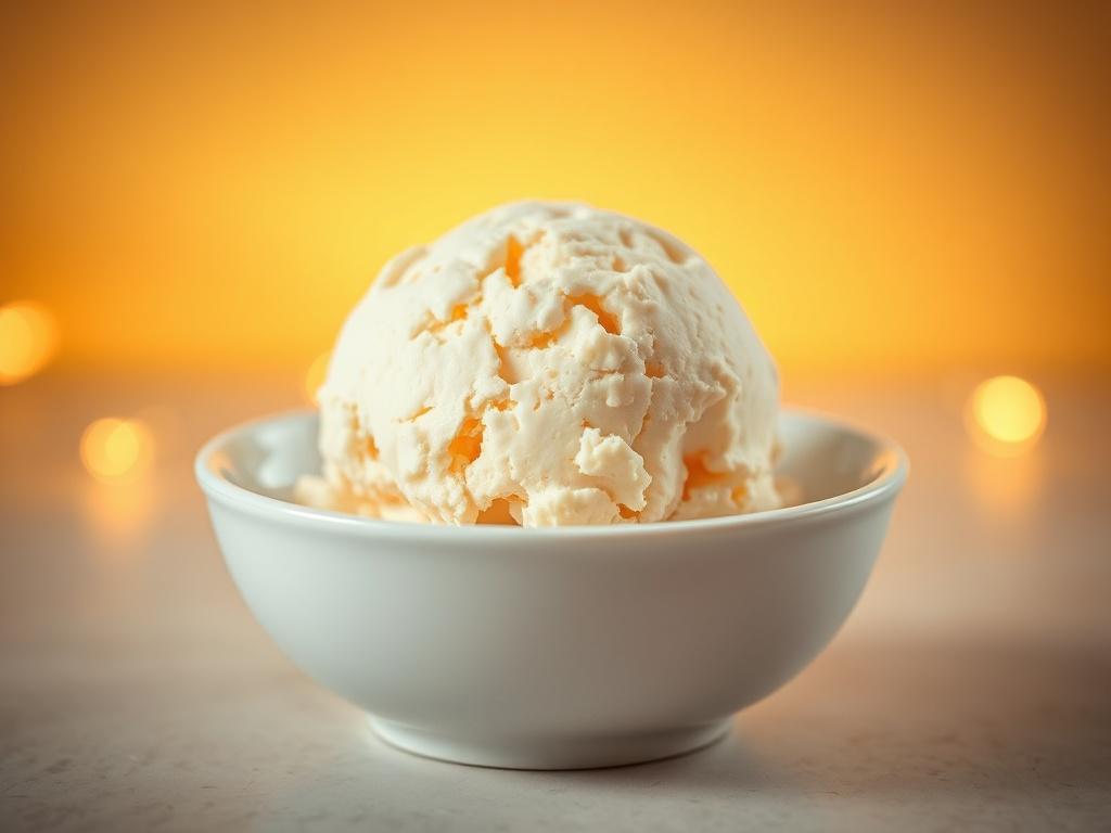 A realistic high-resolution photo of a single scoop of Giant Puffball Ice Cream in a simple white bowl, set against a soft, golden-hued background with cozy lighting. The ice cream should have a creamy texture and a hint of earthy tones to reflect the giant puffball mushroom. The composition should be simple and clear, focusing solely on the ice cream with a serene atmosphere.