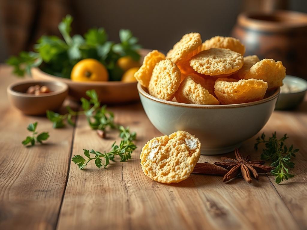 A realistic high-resolution photo showcasing a bowl of Dehydrated Puffball Slices, placed on a wooden kitchen table. The slices should be visibly textured, with a warm, inviting color. Surrounding the bowl, include fresh ingredients like herbs and spices to create a cozy cooking scene, with soft, natural lighting enhancing the atmosphere.