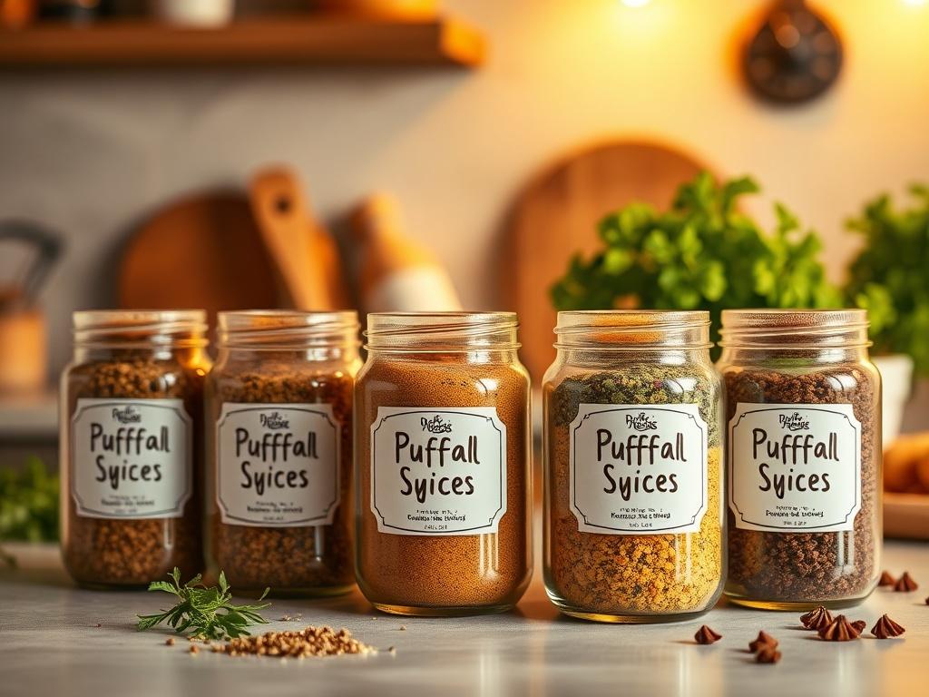 A vibrant high-resolution photo of jars filled with various Puffball Spice Blends, arranged on a kitchen countertop. Each jar should have a label showing the blend name, and the spices should be visible inside. The background should include fresh herbs and spices, with warm, inviting lighting creating a cozy cooking atmosphere.