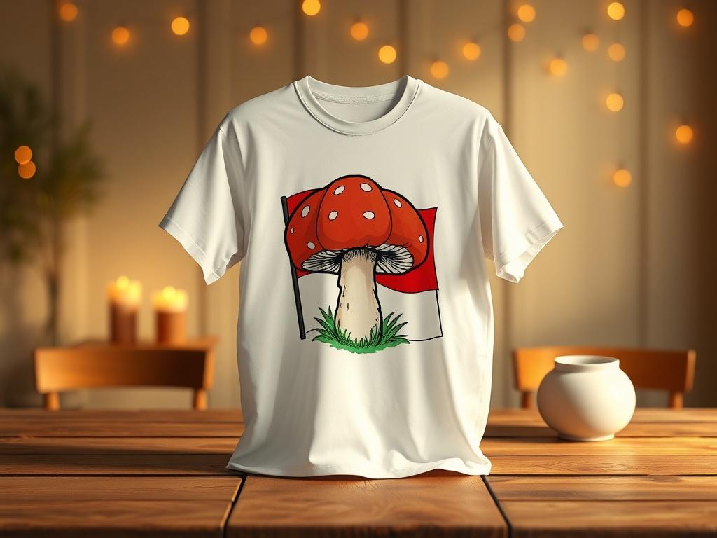 A realistic high-resolution photo of a Giant Puffball Flag T-shirt displayed on a wooden table. The T-shirt should prominently feature a vibrant flag design combined with a Giant Puffball mushroom illustration. The background should be softly lit with cozy, golden hues to create a serene atmosphere, enhancing the appeal of the T-shirt. The composition should be simple and clear, focusing solely on the T-shirt as the subject.